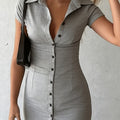Collared Button-Front Fitted Bodycon Short-Sleeve Dress