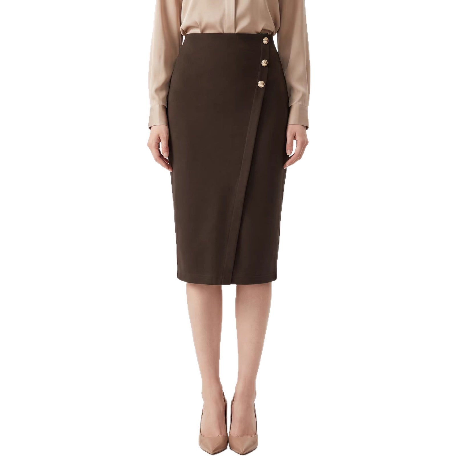 High-waisted Figure-flattering Sheath-style Straight Midi Skirt With A Slit Womens