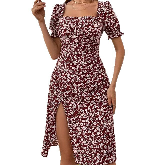 Women's French-style Square-neck Floral Print Dress