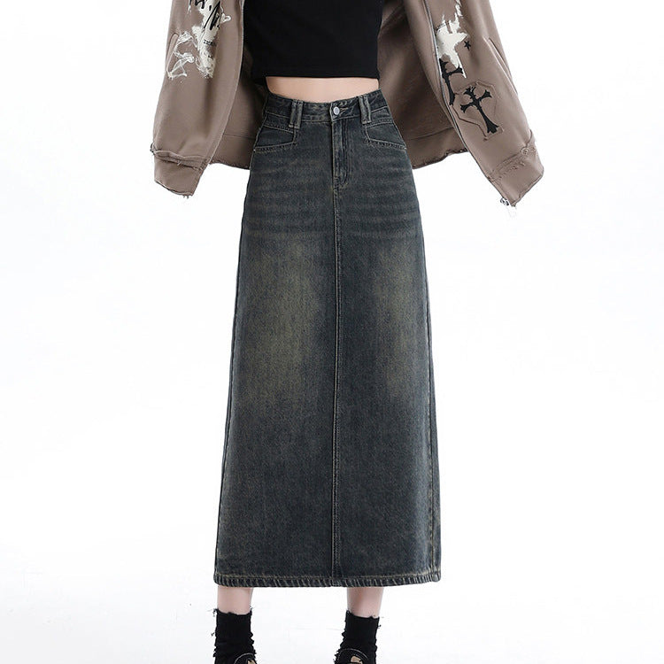 Korean-style Versatile Denim Skirt Womens Retro High-waisted