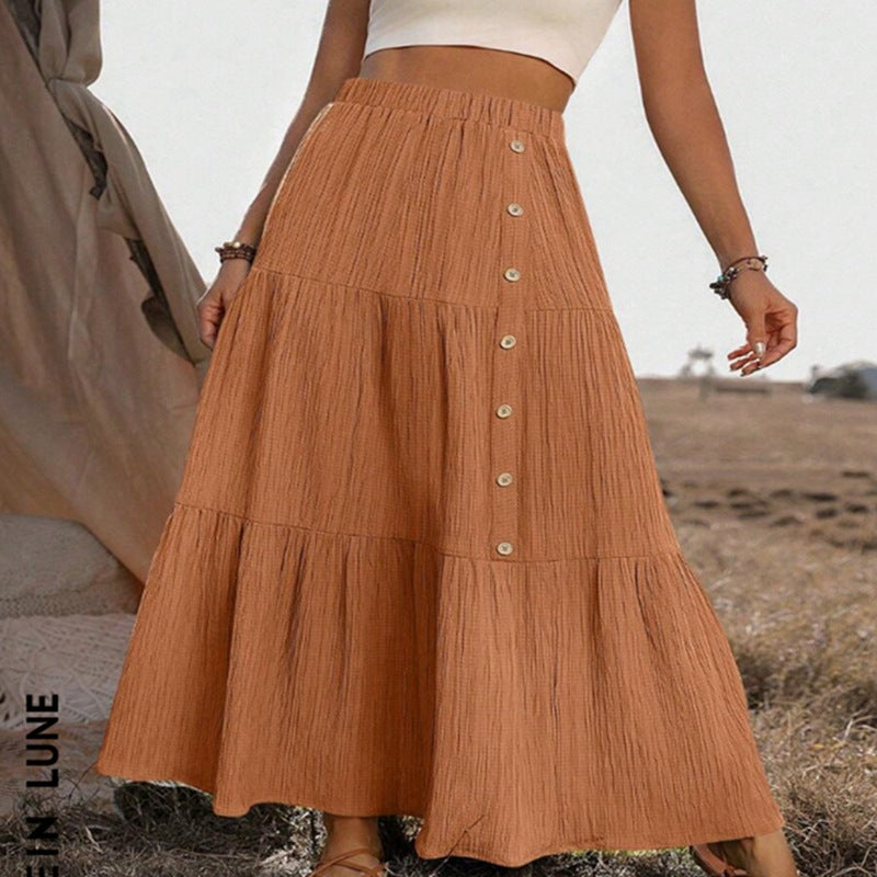 Elegant Casual Womens Long Tiered Skirt With Elastic Waist