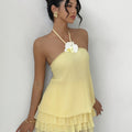 Women's Summer Fashion Elegant 3D Floral Decoration Sexy Low Waist Backless Ruffle Hem Mini Dress