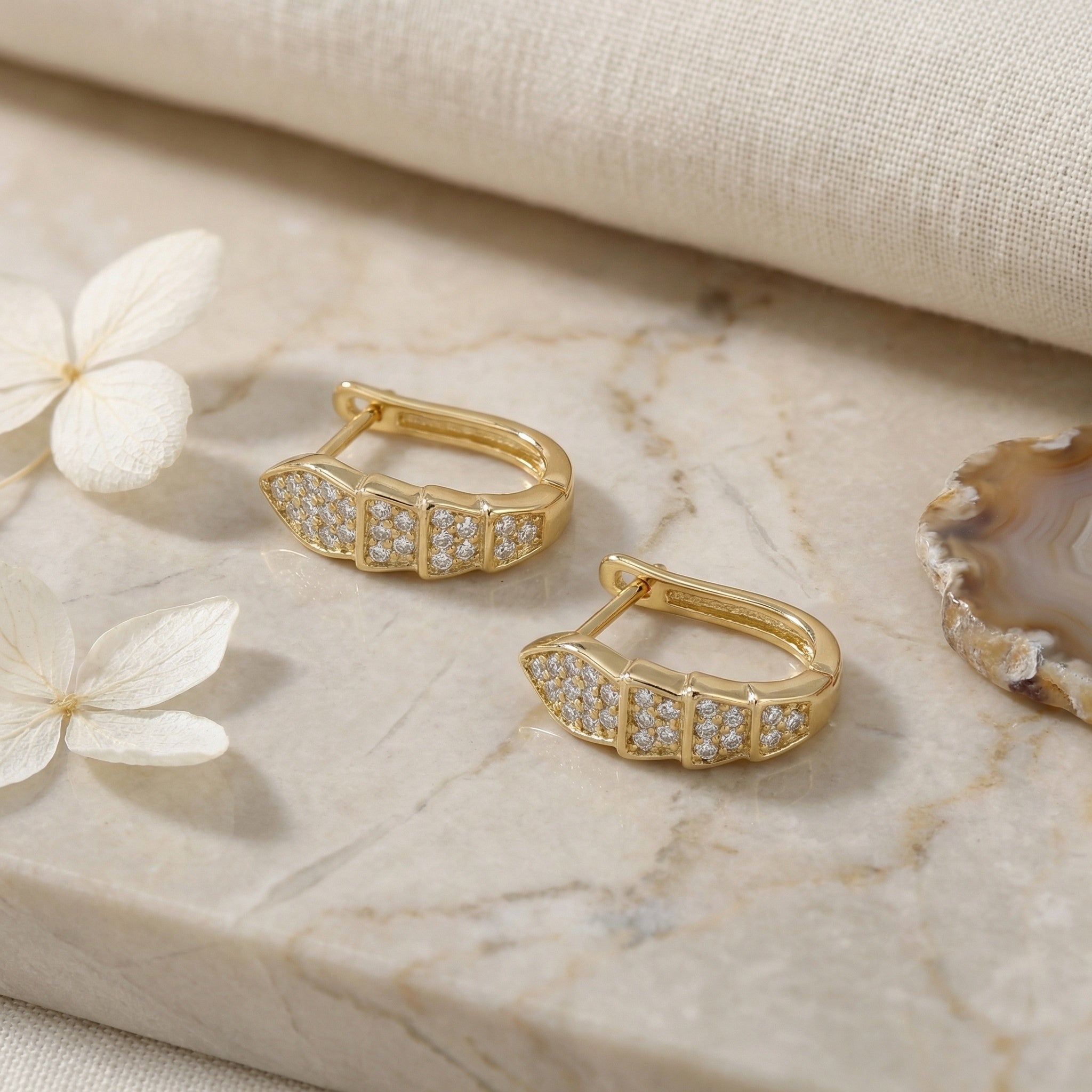 925 Sterling Silver Radiant Segmented Hoop Earrings Featuring Brilliant Pavé Accents