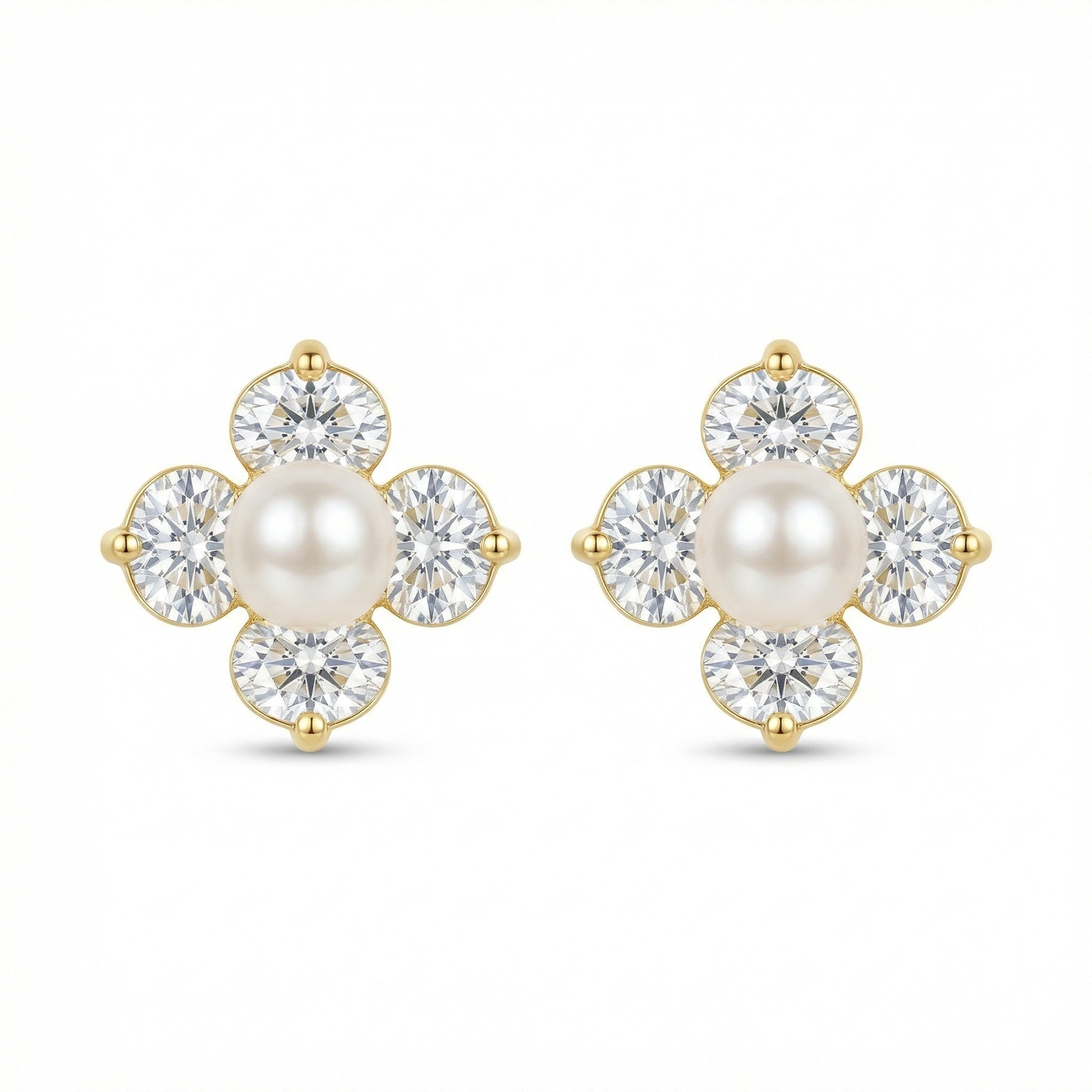 925 Sterling Silver Elegant Pearl and Brilliant Round Gemstone Floral Clover Stud Earrings
