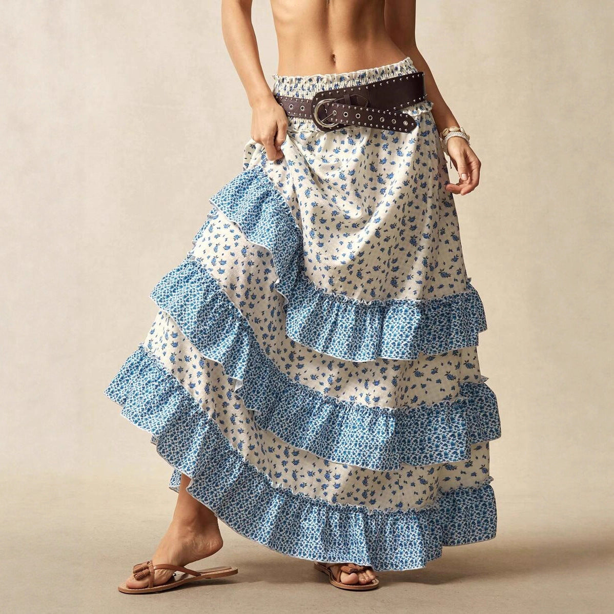 Resort Style Patchwork High Waisted Flattering Floral Midi Skirt