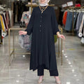 Womens Ice Silk Wrinkle-Effect Loose Solid-Colored Split Collar Shirt And Pants Set