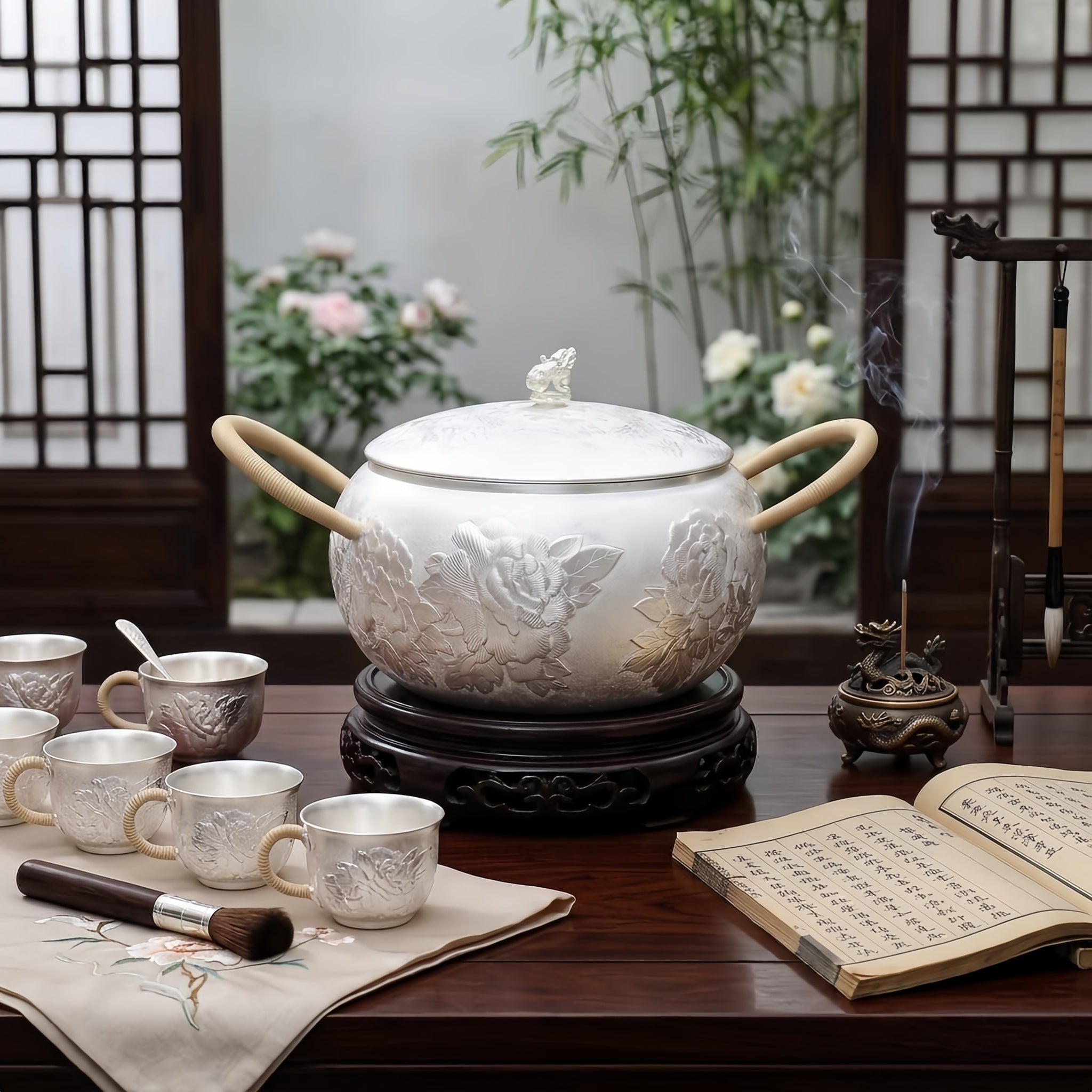 Pure 999 Fine Silver Exquisite Hand-Carved Silver Floral Serving Pot with Natural Fiber Wrapped Handles - Handicraft
