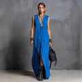 Womens Split Long Sleeveless V-Neck Dress