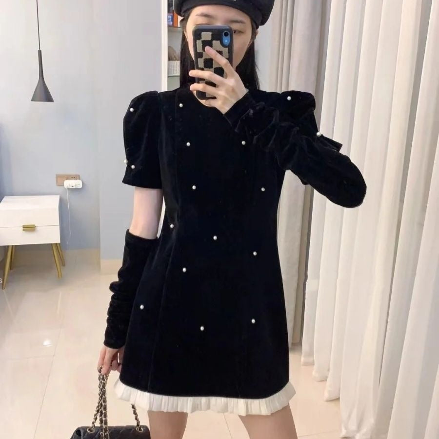 Fashionable Velvet Slim-Fit Elegant Beaded Heavy-Detailed Dress