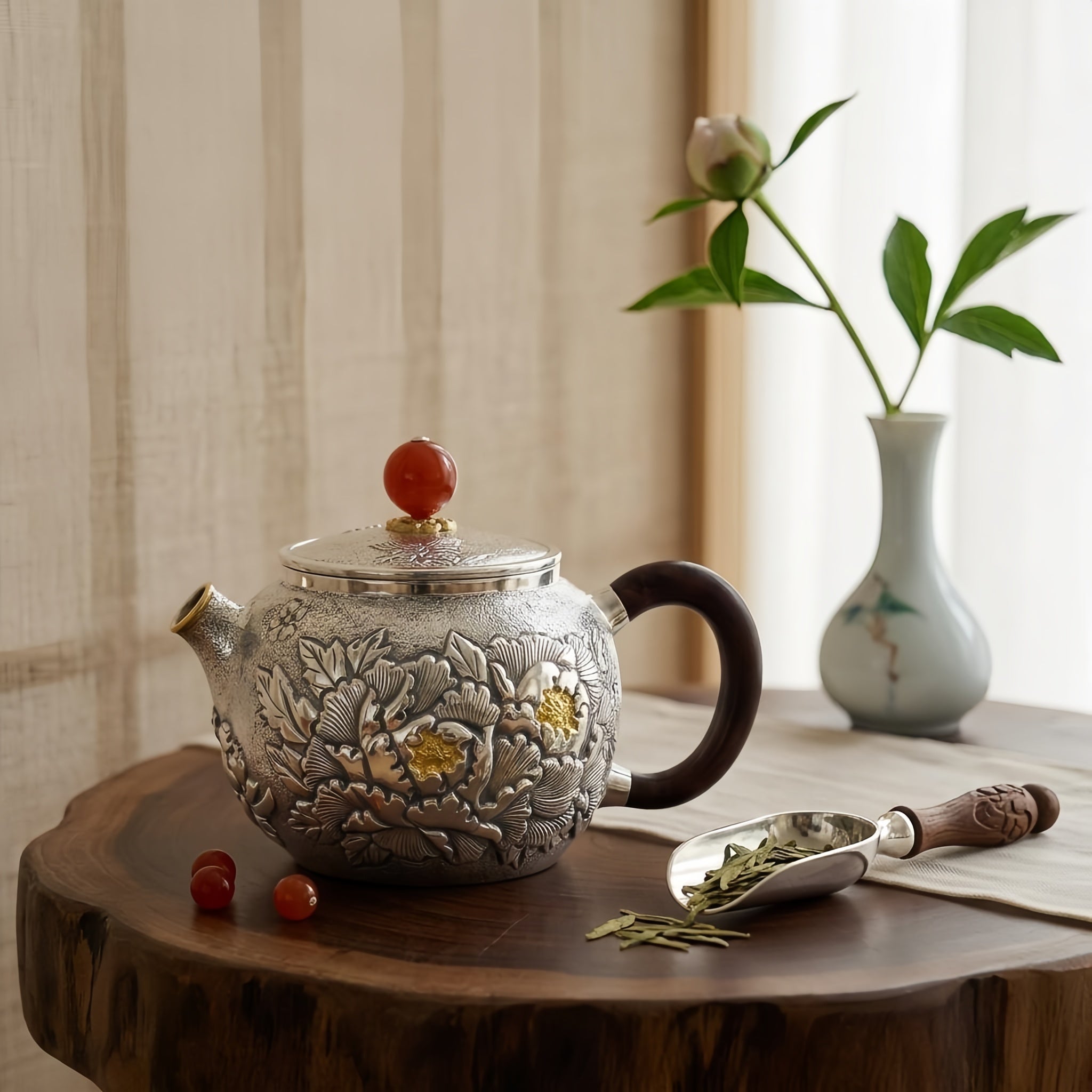 Pure 999 Fine Silver Exquisite Hand-Carved Silver Peony Teapot with Red Bead Accent and Wooden Handle - Handicraft