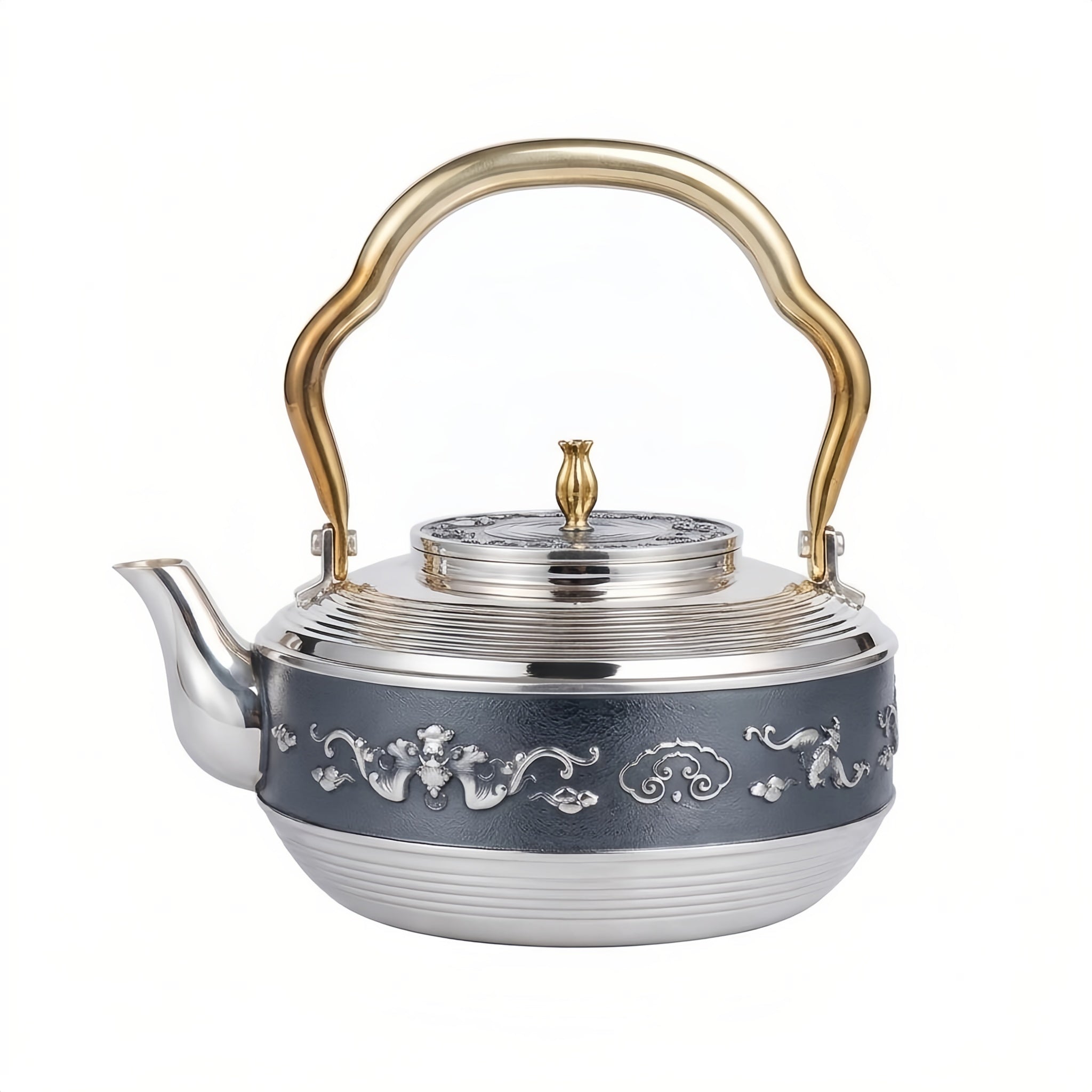 Pure 999 Fine Silver Elegant Handcrafted Silver Teapot with Detailed Artistic Relief and Metallic Handle - Handicraft