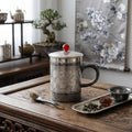 Pure 999 Fine Silver Elegant Silver Peony Engraved Mug with Red Bead Lid and Hammered Base - Handicraft