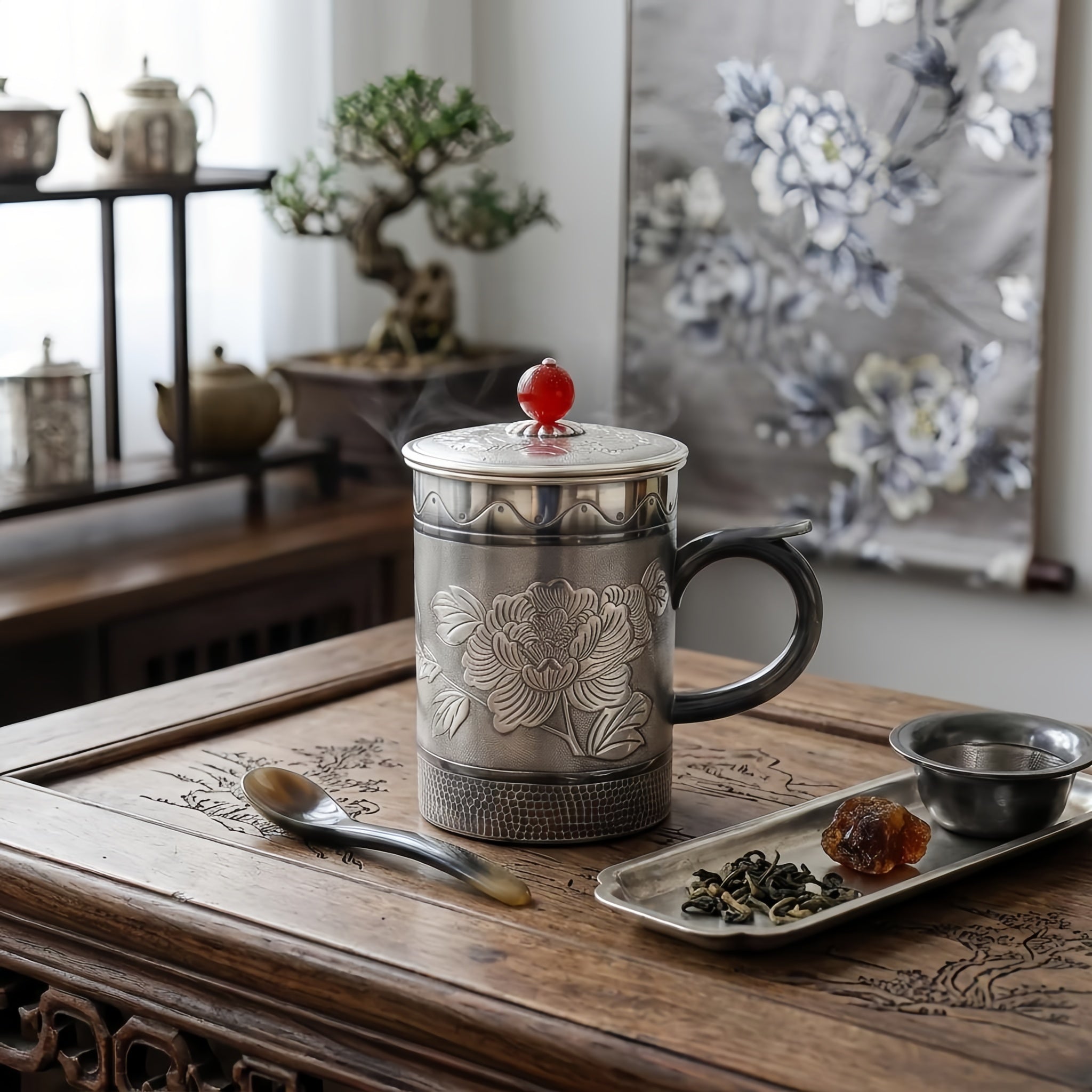Pure 999 Fine Silver Elegant Silver Peony Engraved Mug with Red Bead Lid and Hammered Base - Handicraft