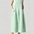 Cotton Linen Maxi Dress, Loose Fit Sleeveless Round Neck Dress With Pockets