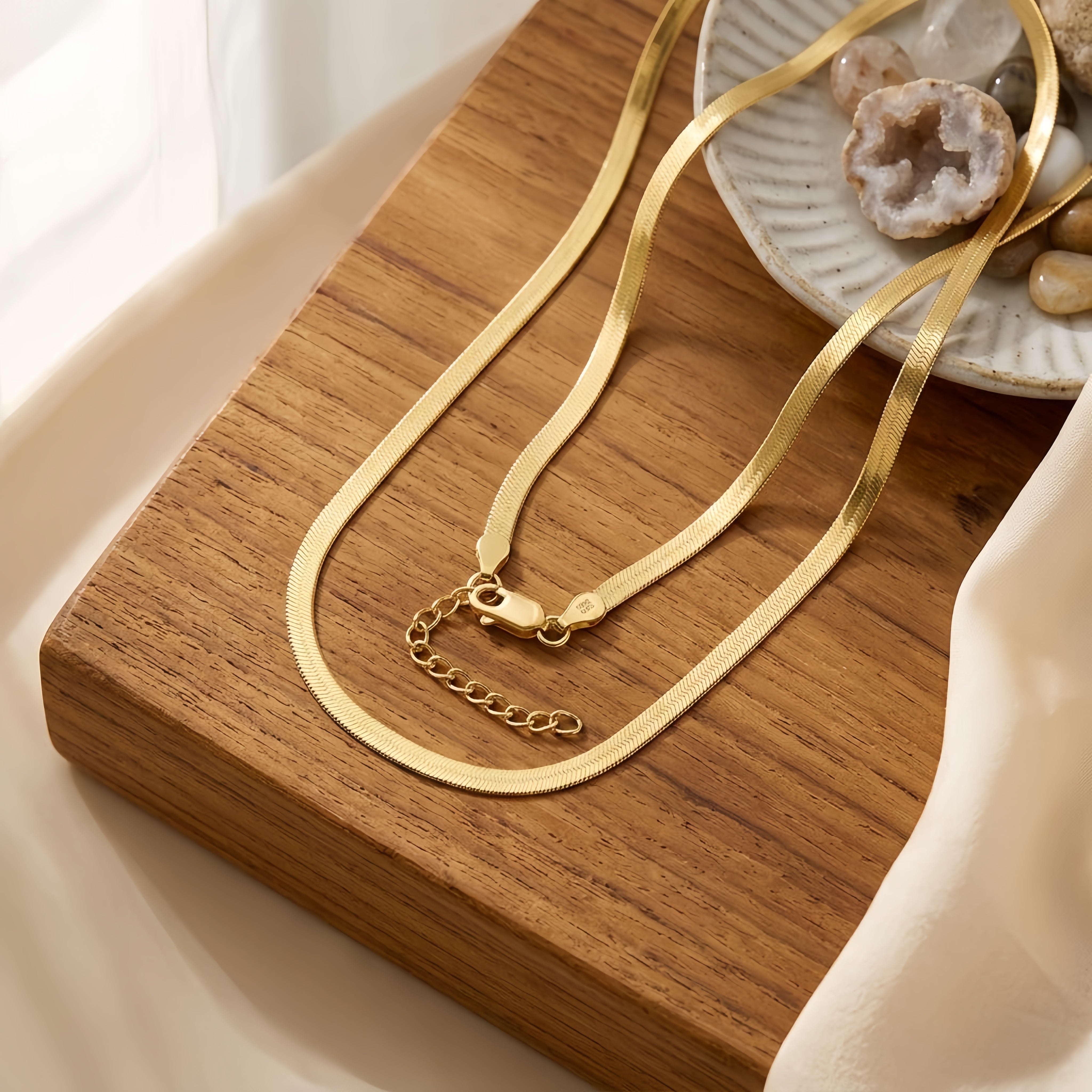 925 Sterling Silver Elegant Gold Herringbone Chain Necklace with Adjustable Extension