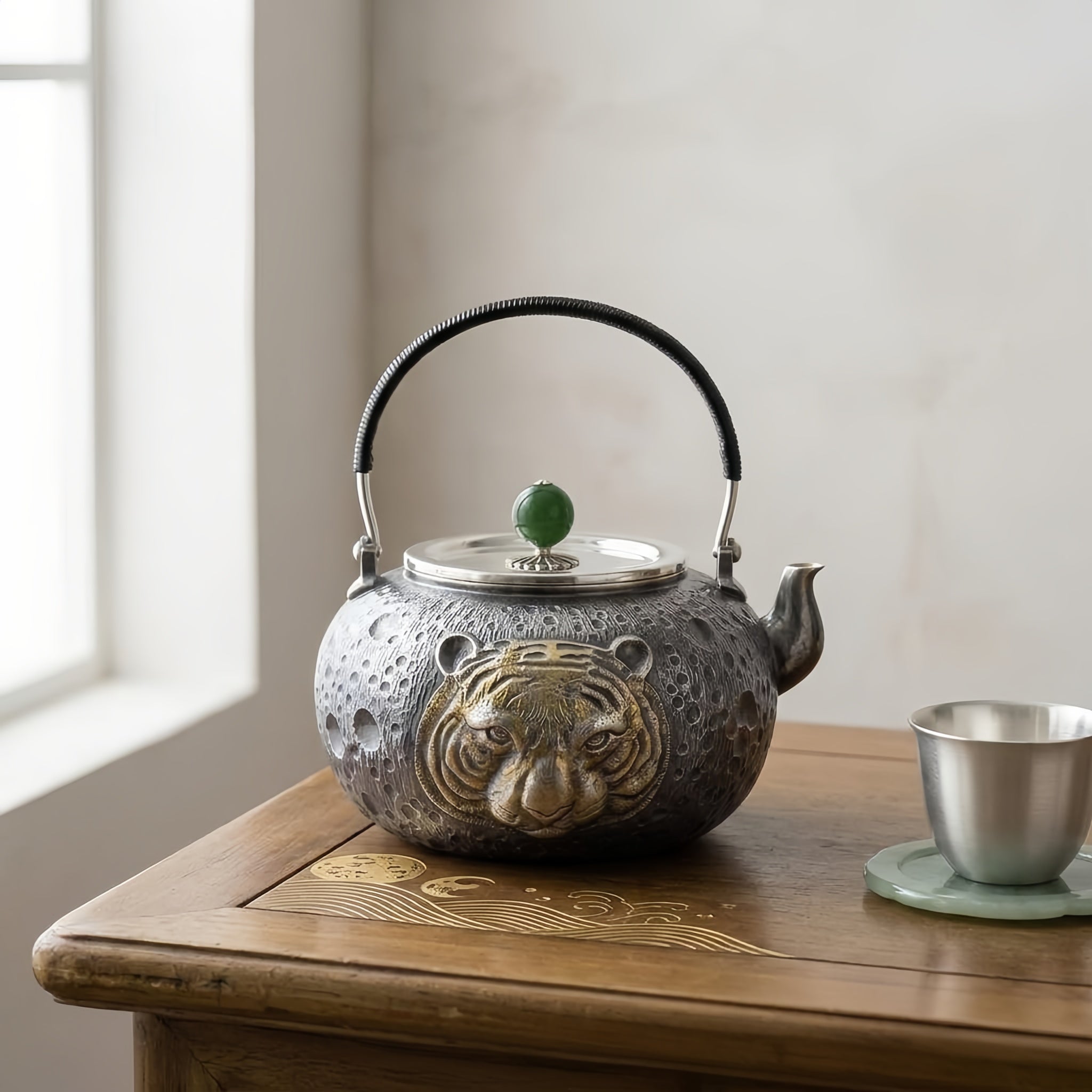 Pure 999 Fine Silver Silver Tiger Relief Teapot with Jade Finial and Textured Lunar Finish - Handicraft