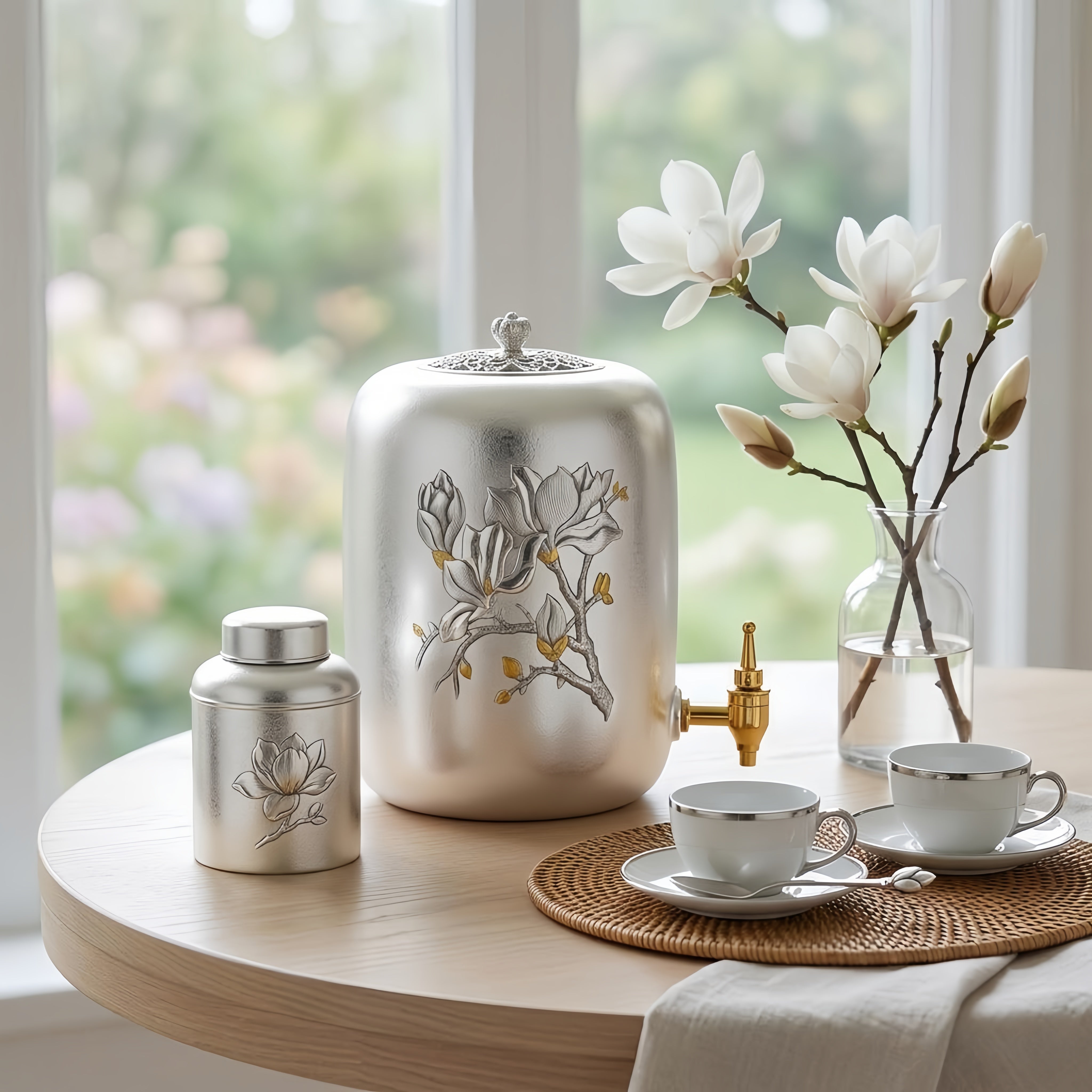 Pure 999 Fine Silver Elegant Silver-Tone Magnolia Beverage Dispenser with Intricate Floral Embossing and Polished Metal Spigot - Handicraft