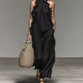 Summer Halter Neck Ruffled Sleeveless Dress, Loose Fit Flowy Dress With Pockets