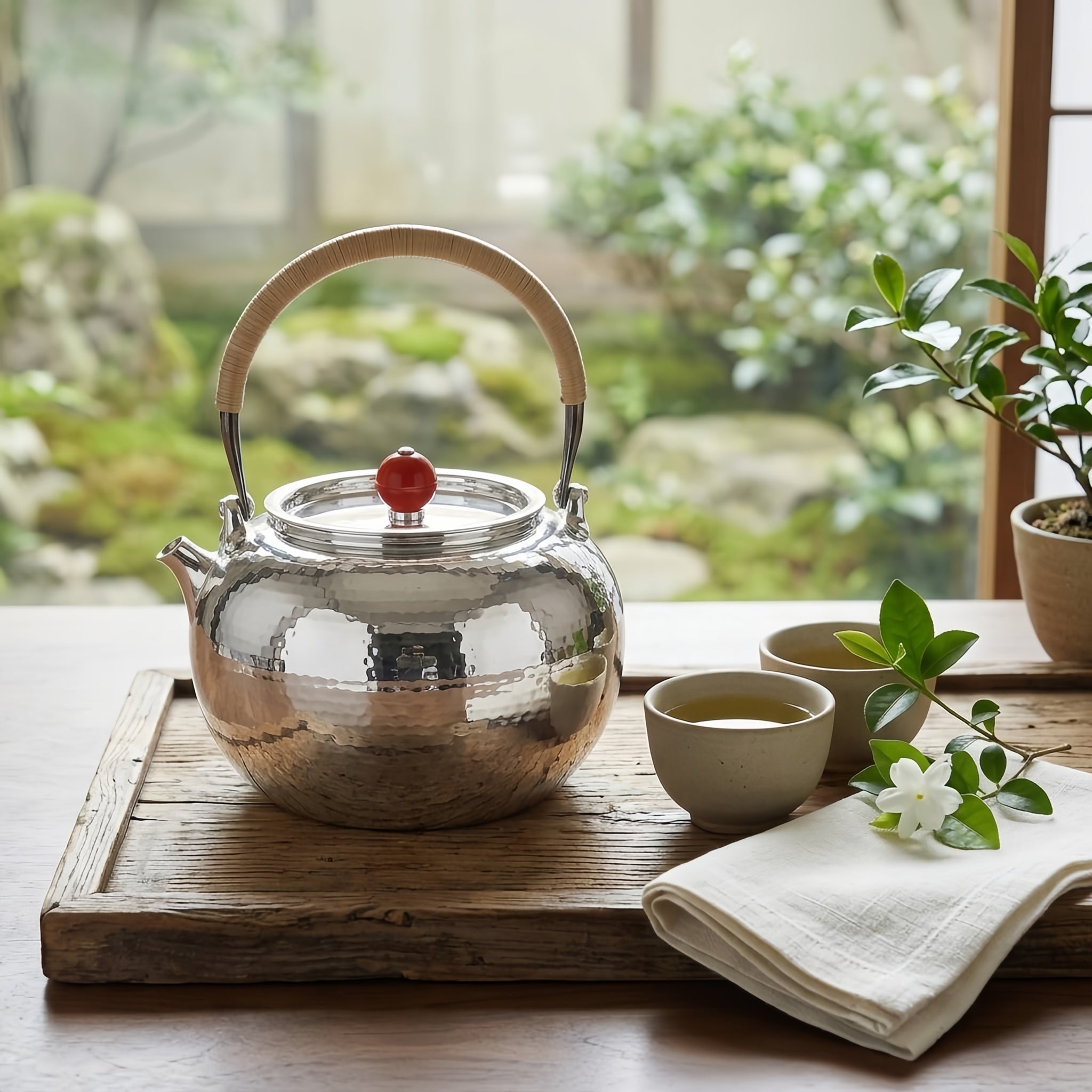 Pure 999 Fine Silver Elegant Hammered Silver Teapot Featuring Woven Rattan Handle and Red Finial Accent - Handicraft