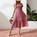New European And American-style Square-neck Puffed-sleeve Floral-print Dress