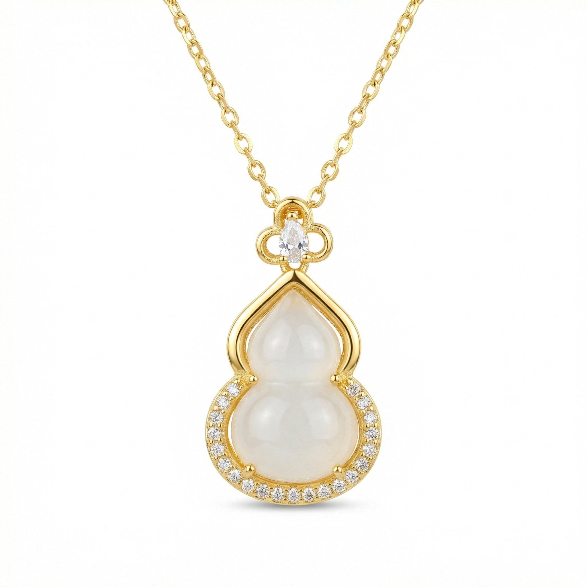 925 Sterling Silver Elegant Translucent Jadeite Double Gourd Necklace with Shimmering Gemstone Accents