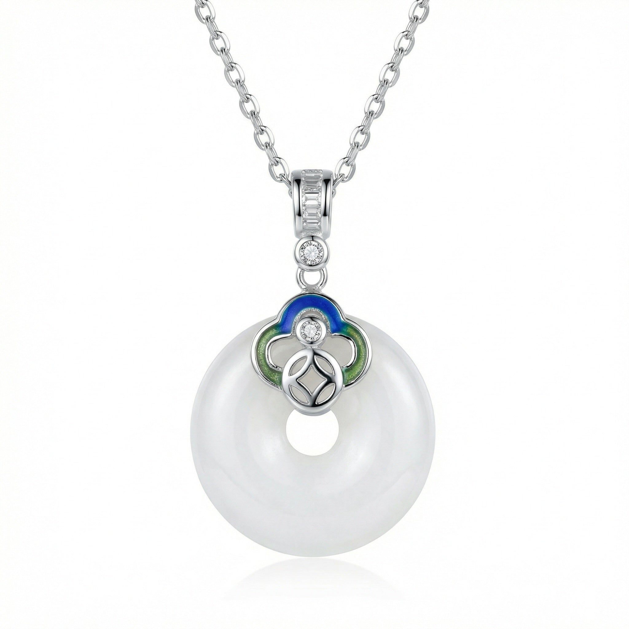 925 Sterling Silver Elegant White Jade Ping An Kou Pendant Necklace with Colorful Enamel and Zircon Detailing