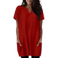 European And American Style V-neck Short-sleeve Loose-fit Solid-color With Pockets