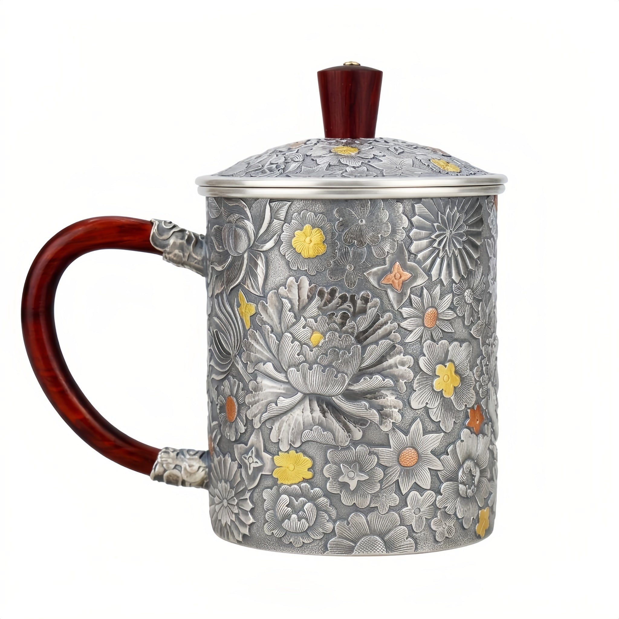 Pure 999 Fine Silver Handcrafted Floral Embossed Silver Tea Mug with Elegant Wood Accents - Handicraft