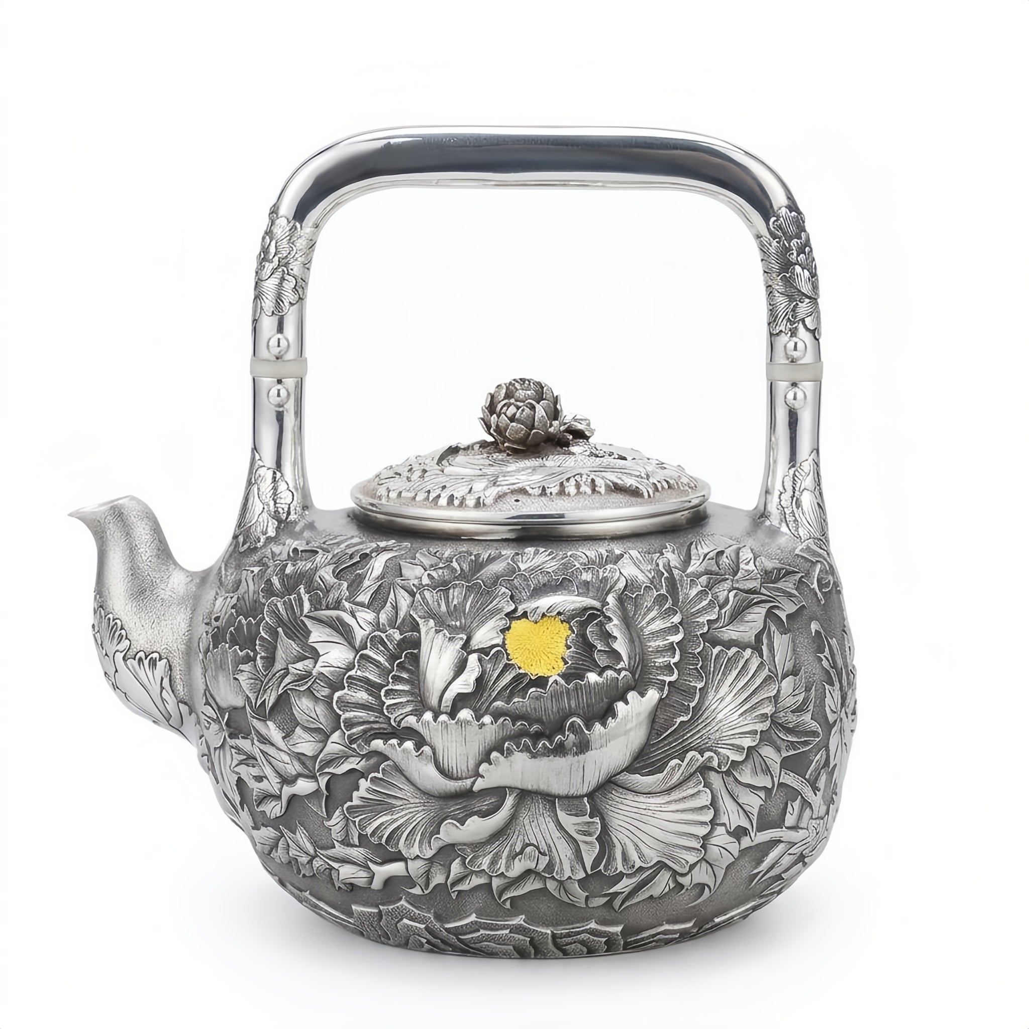 Pure 999 Fine Silver Handcrafted Silver Teapot with Intricate Peony Relief and Floral Finial - Handicraft
