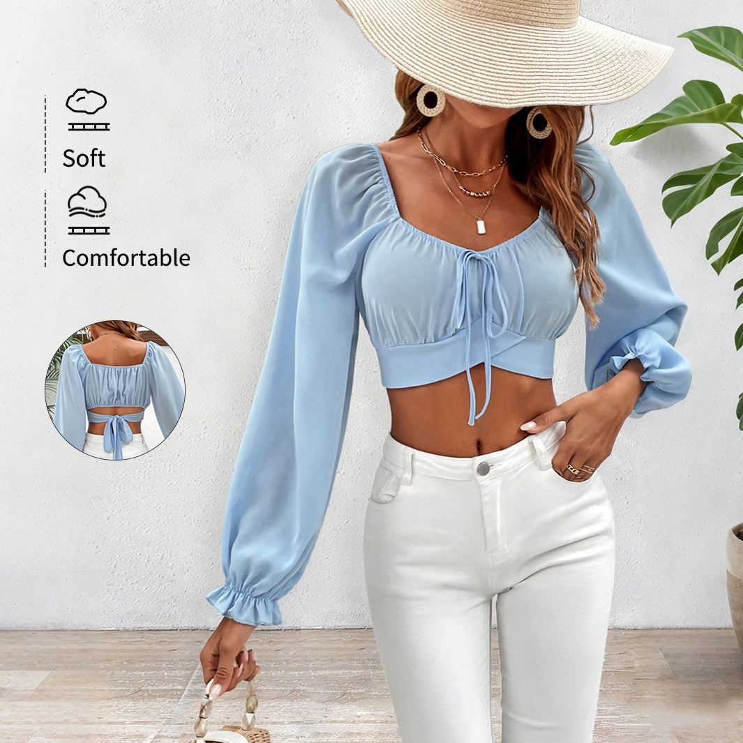 Sexy Low-Cut Lace-Up Midriff-Baring Long-Sleeve Shirt