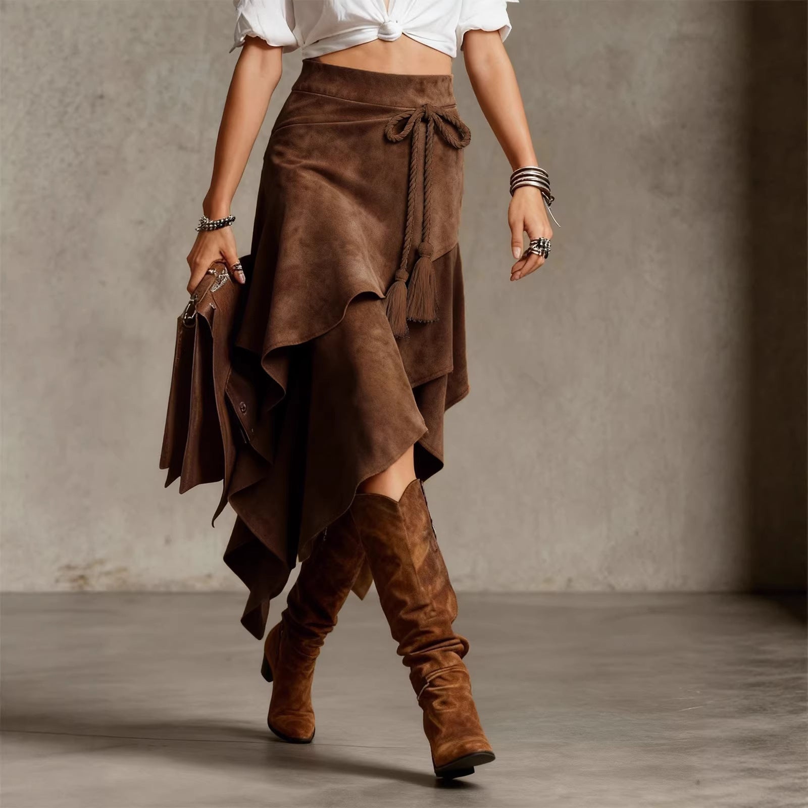 Retro Western-style Irregular Design Suede Skirt