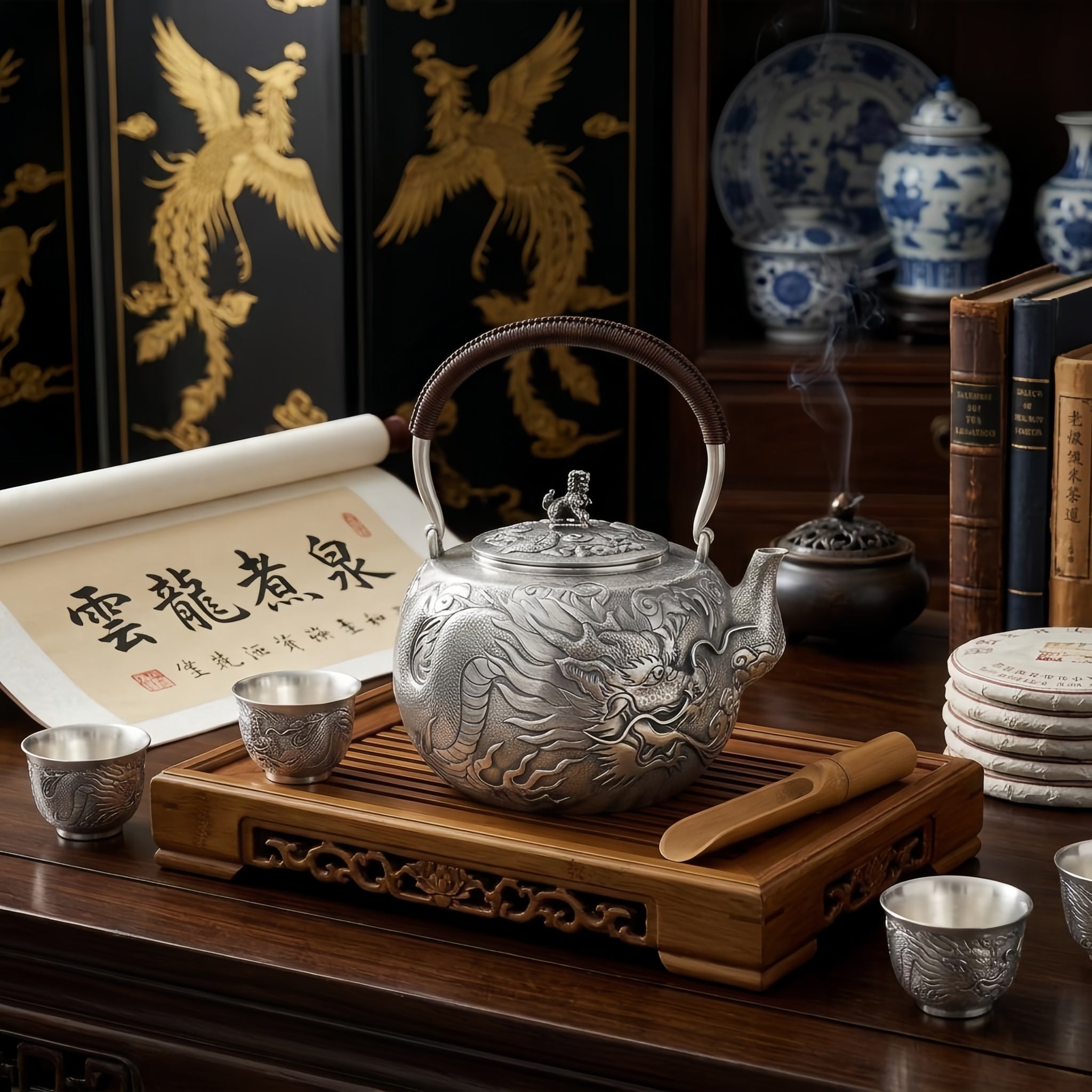 Pure 999 Fine Silver Handcrafted Silver Dragon Teapot with Rattan Handle and Lion Finial - Handicraft