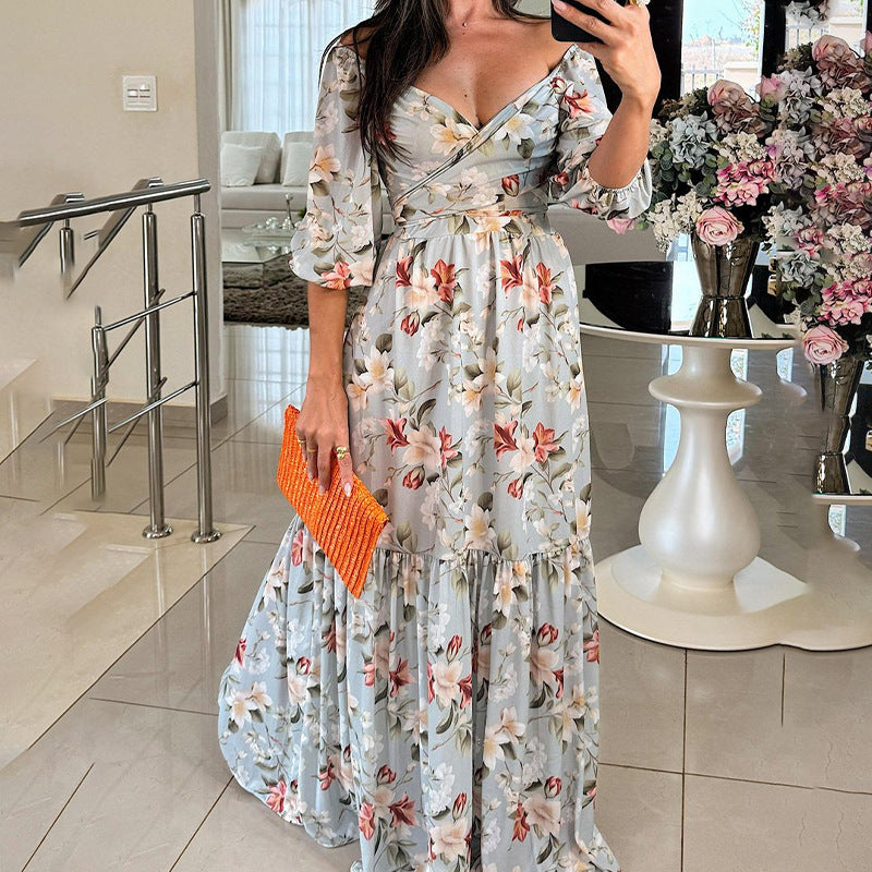 Stylish Elegant Printed V-Neck Flared Maxi Dress