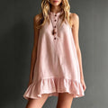 Cotton-Linen Solid-Color Stand Collar Sleeveless Ruffle-Trim Dress