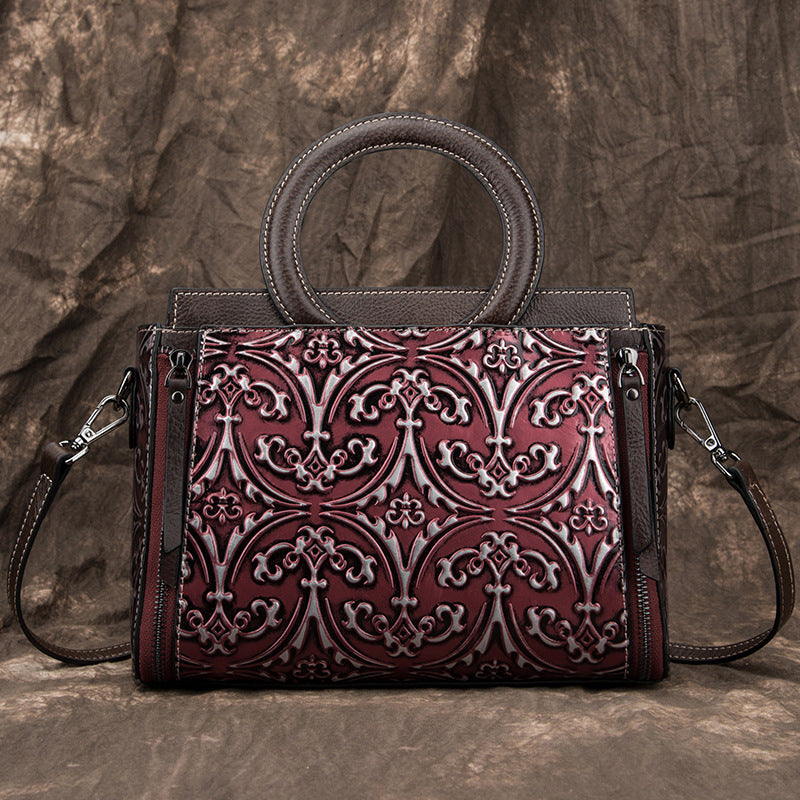 Retro First-Layer Cowhide Embossed Handbag Shoulder Crossbody Bag