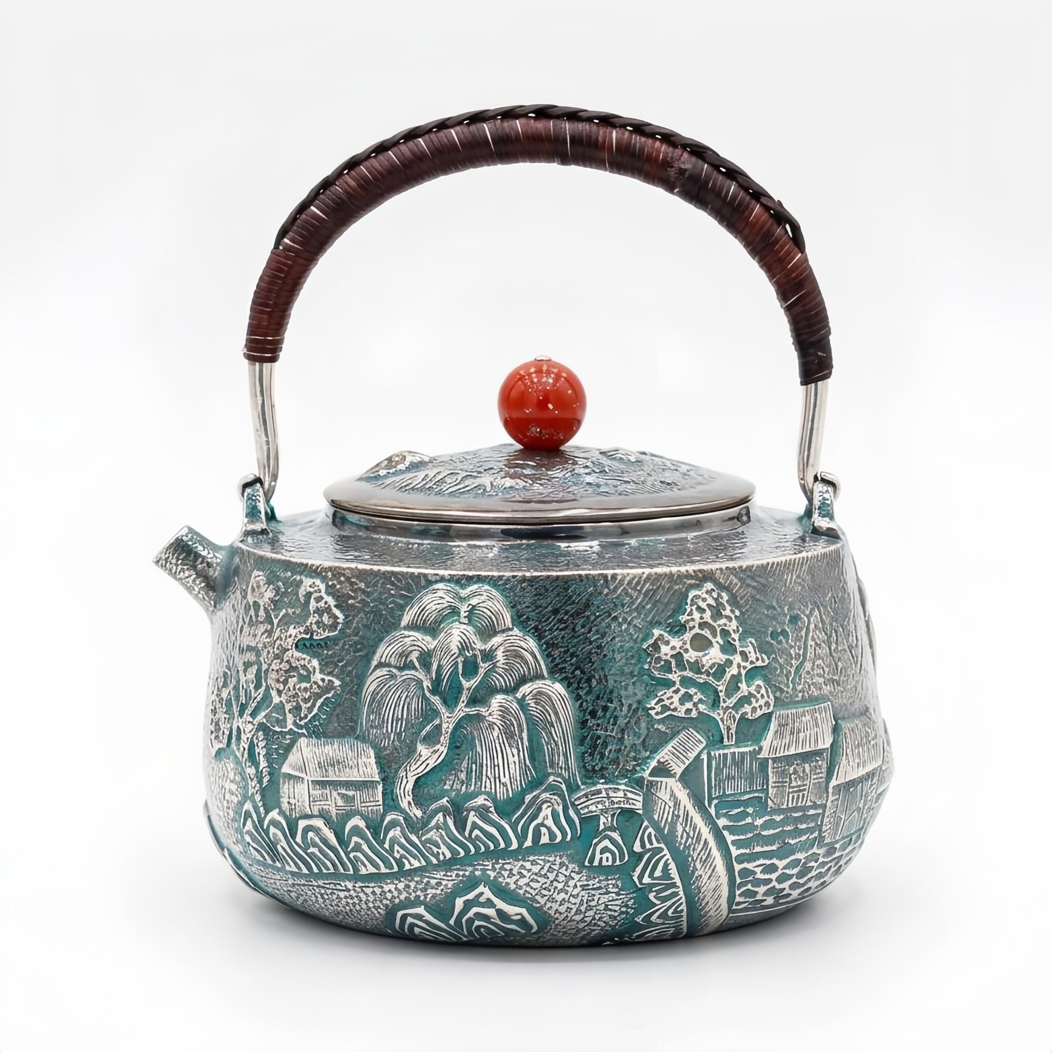 Pure 999 Fine Silver Japanese  Teapot with Engraved Landscape Artistry-Fine large teapot - Handicraft