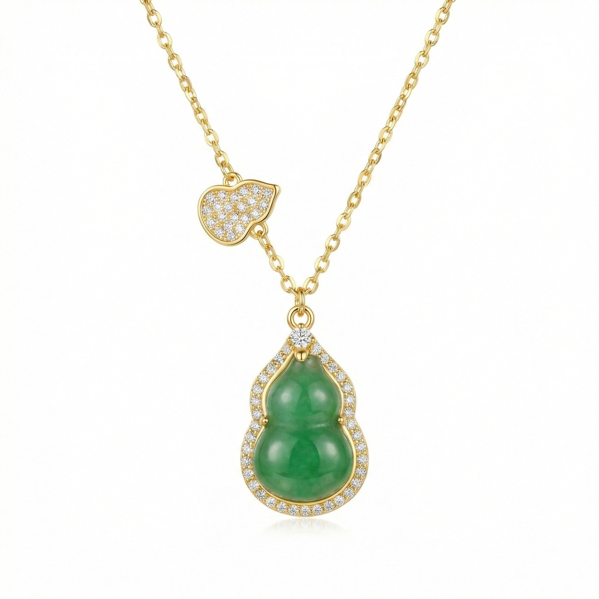 925 Sterling Silver Elegant Green Jadeite Gourd Pendant Necklace with Shimmering Diamond Halo and Charm