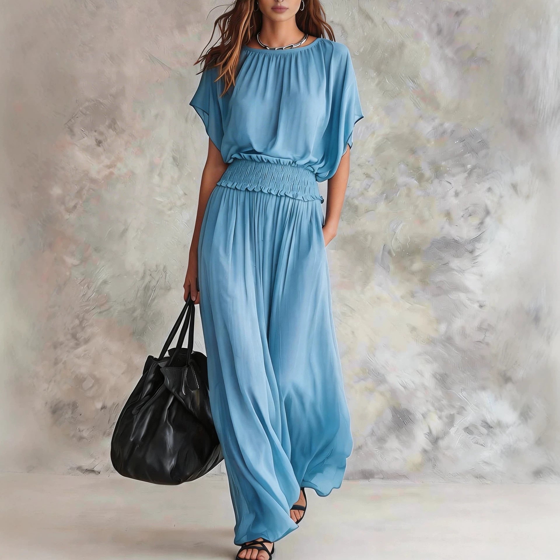 Womens Chiffon Waist-Cinching Ruched Elegant And Sophisticated Long Dress