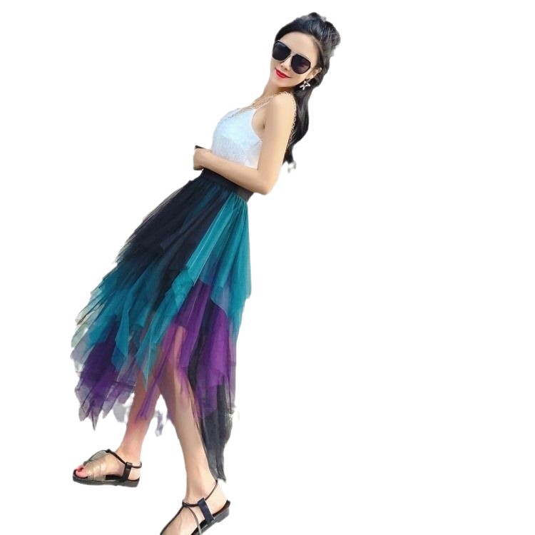 Women's Solid-Color Versatile Asymmetrical Mesh Skirt