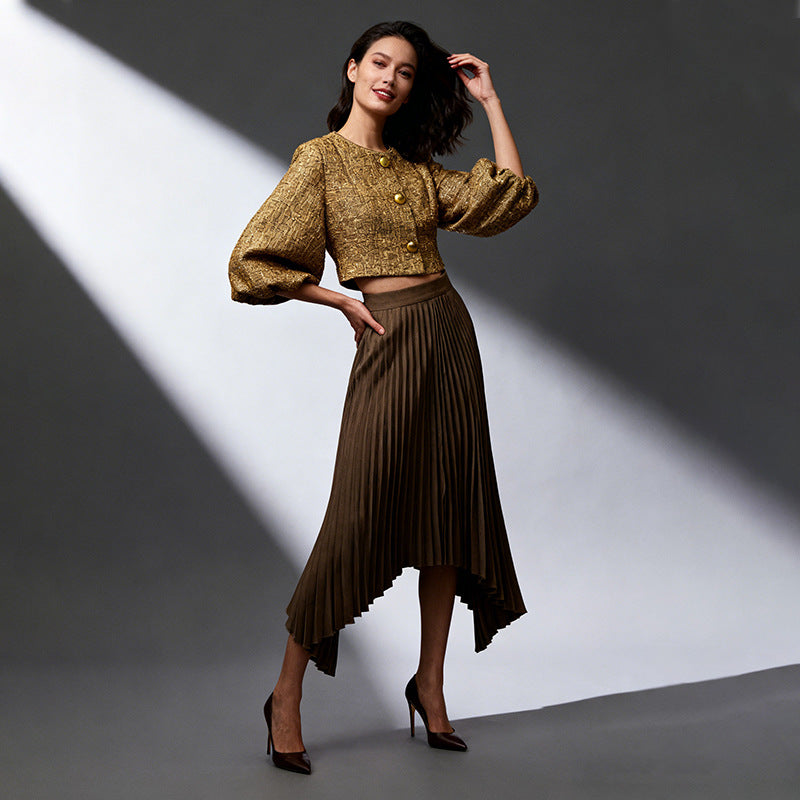 Arrival Fashionable Pleated Design Solid Color High-Waist Midi Skirt