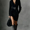 Autumn Suede Lapel Single-breasted Shirt Dress With Belt