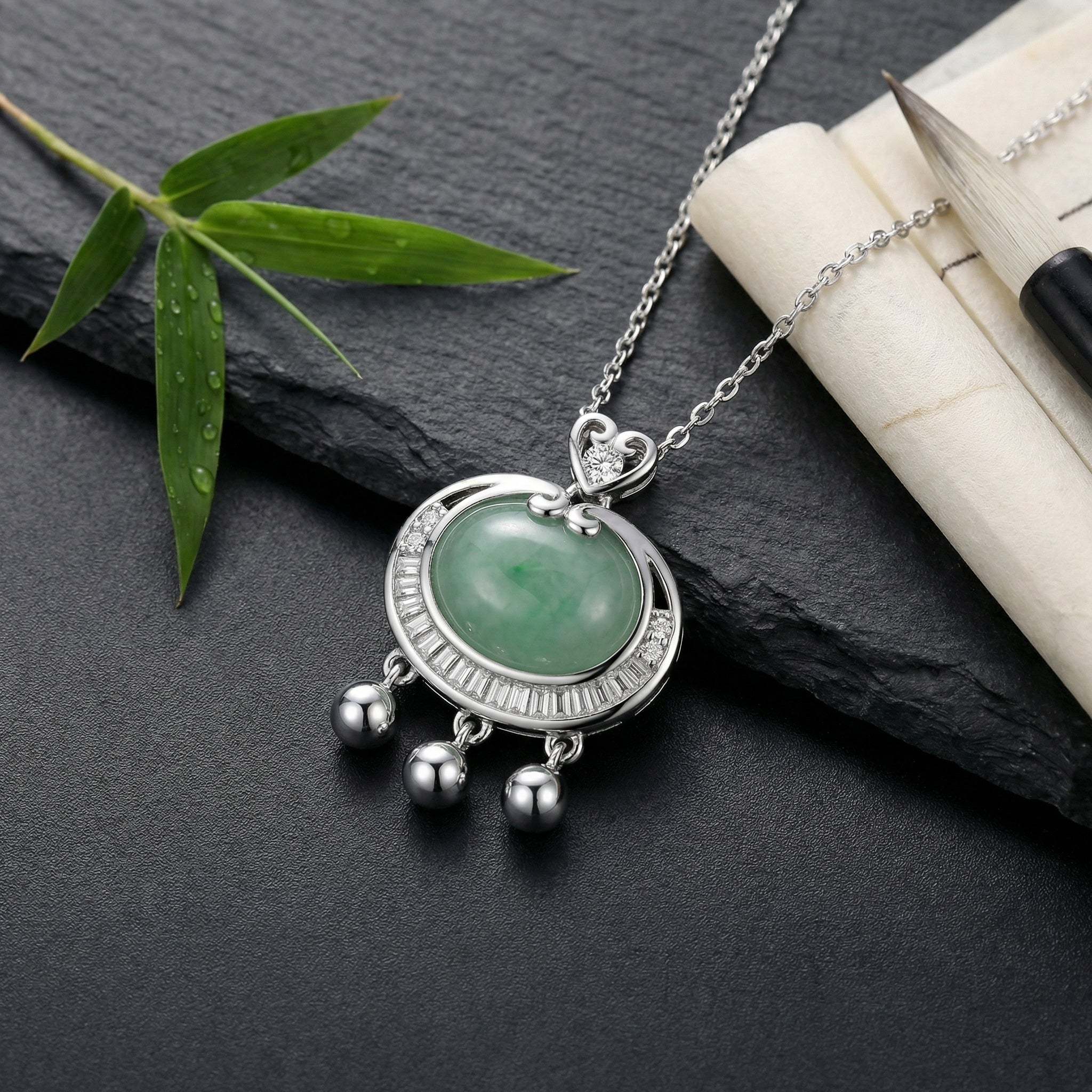 925 Sterling Silver Elegant Silver Longevity Lock Pendant Necklace Featuring a Green Jade Cabochon