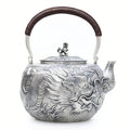 Pure 999 Fine Silver Handcrafted Silver Dragon Teapot with Rattan Handle and Lion Finial - Handicraft
