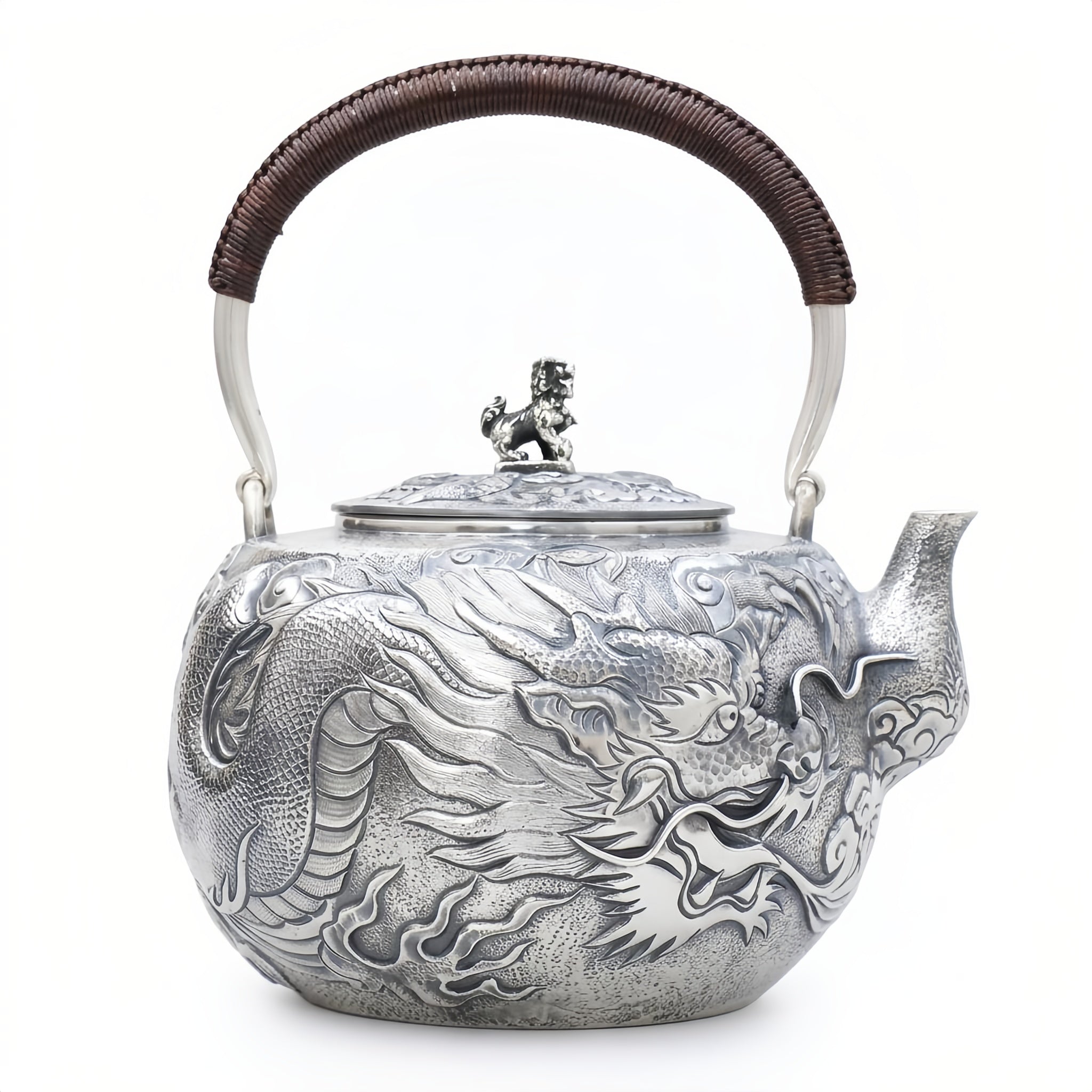 Pure 999 Fine Silver Handcrafted Silver Dragon Teapot with Rattan Handle and Lion Finial - Handicraft