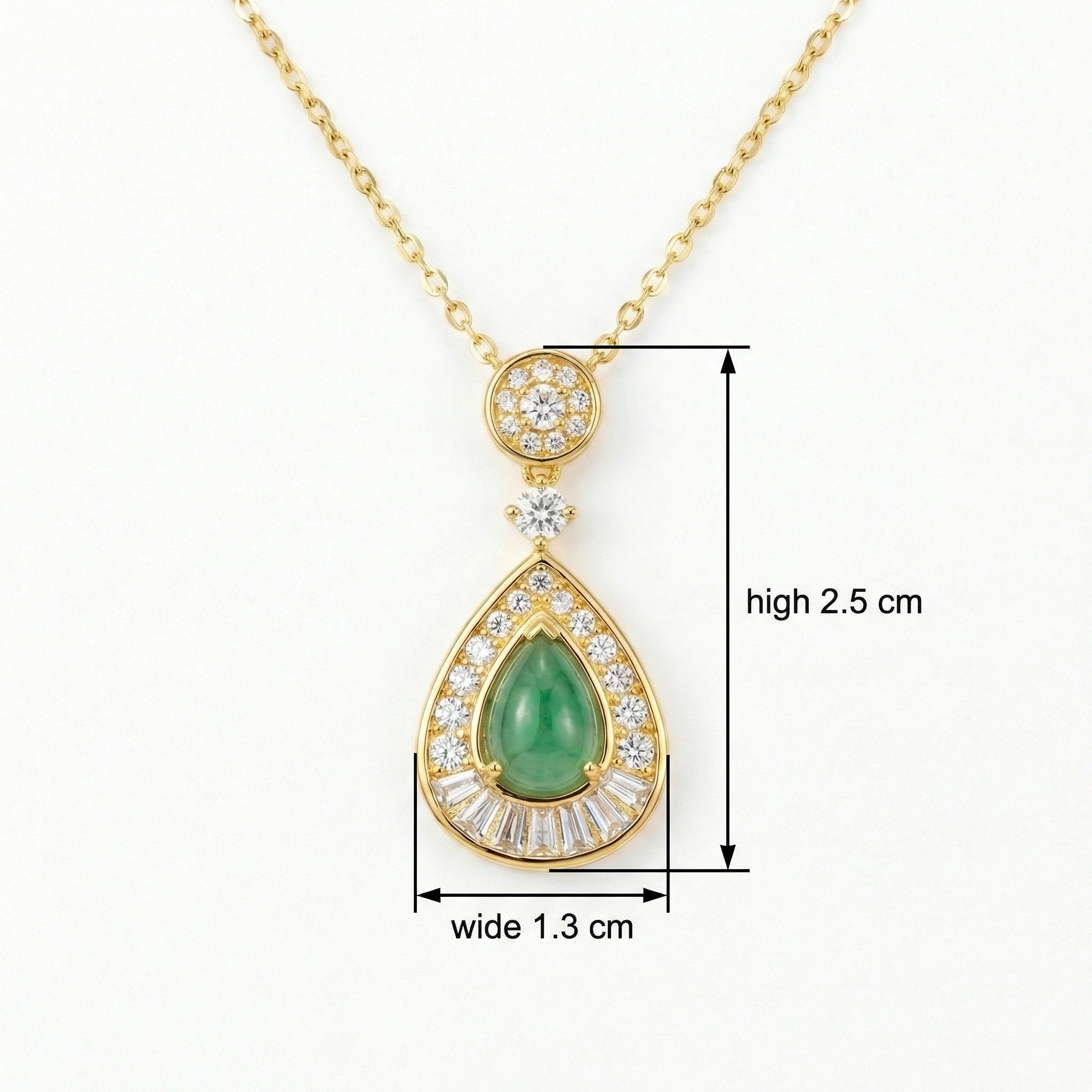 925 Sterling Silver Elegant Jadeite Teardrop Pendant with Sparkling Diamond Accents and Baguette Detailing