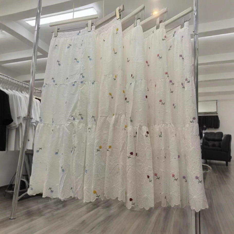 Sweet Mori-Style Embroidered Hollow-Out Lace Skirt