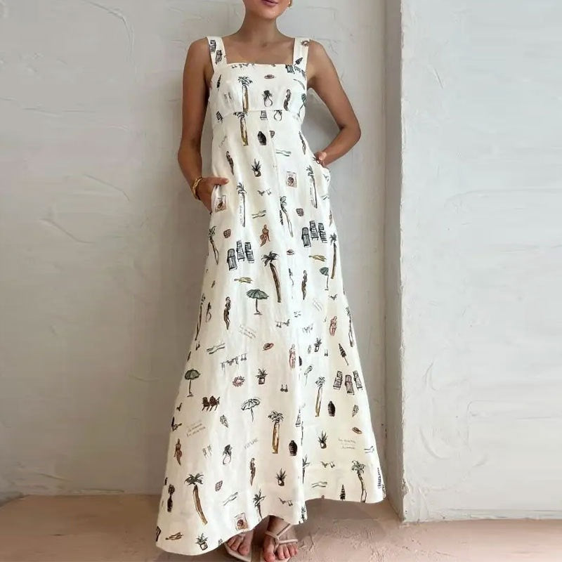 Sexy Tie-Waist Printed Sleeveless Maxi Dress