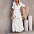 SpringSummer New Womens Solid-Colored Lace-trimmed V-Neck Short-Sleeve Dress