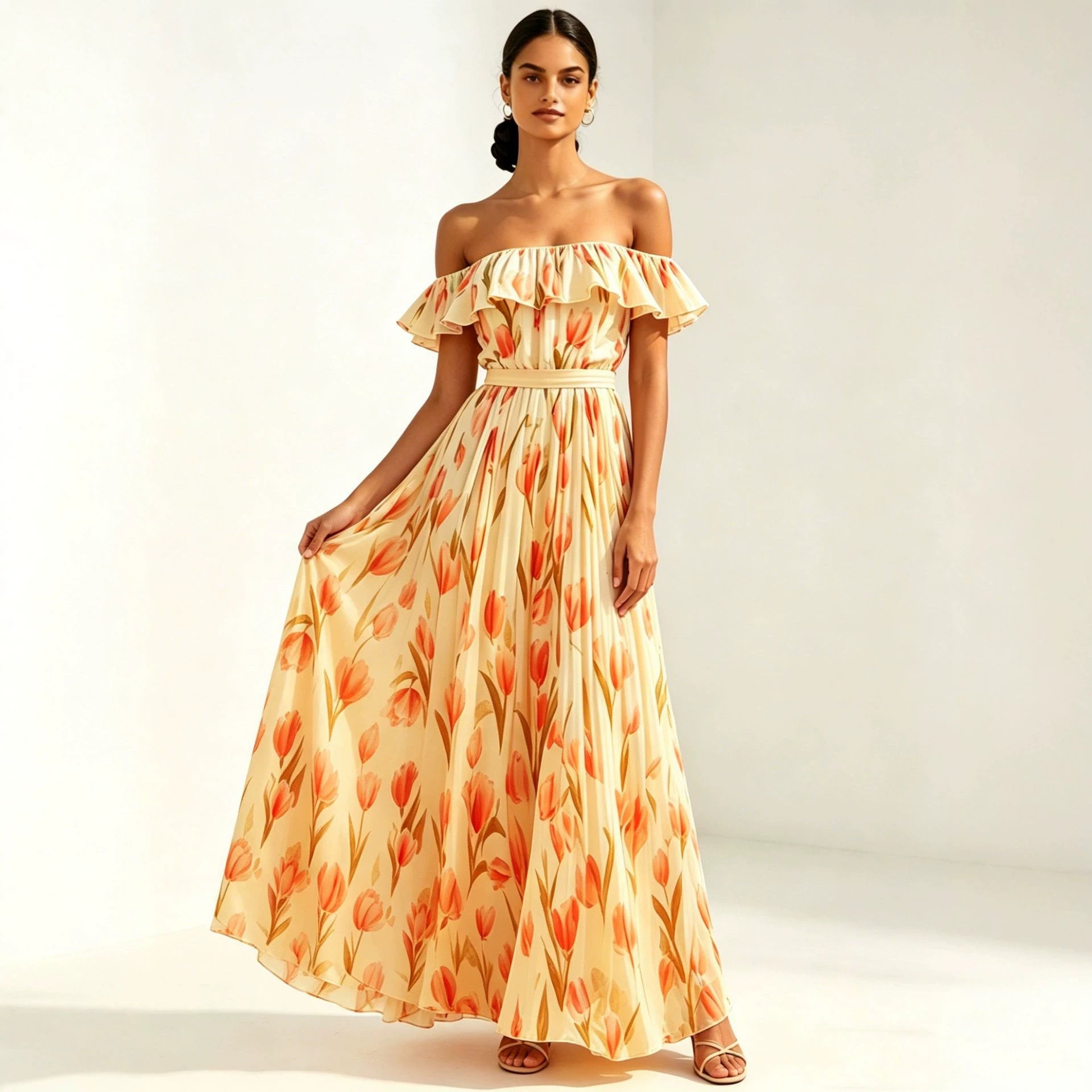 Women's Waist-Cinching Printed Maxi Dress