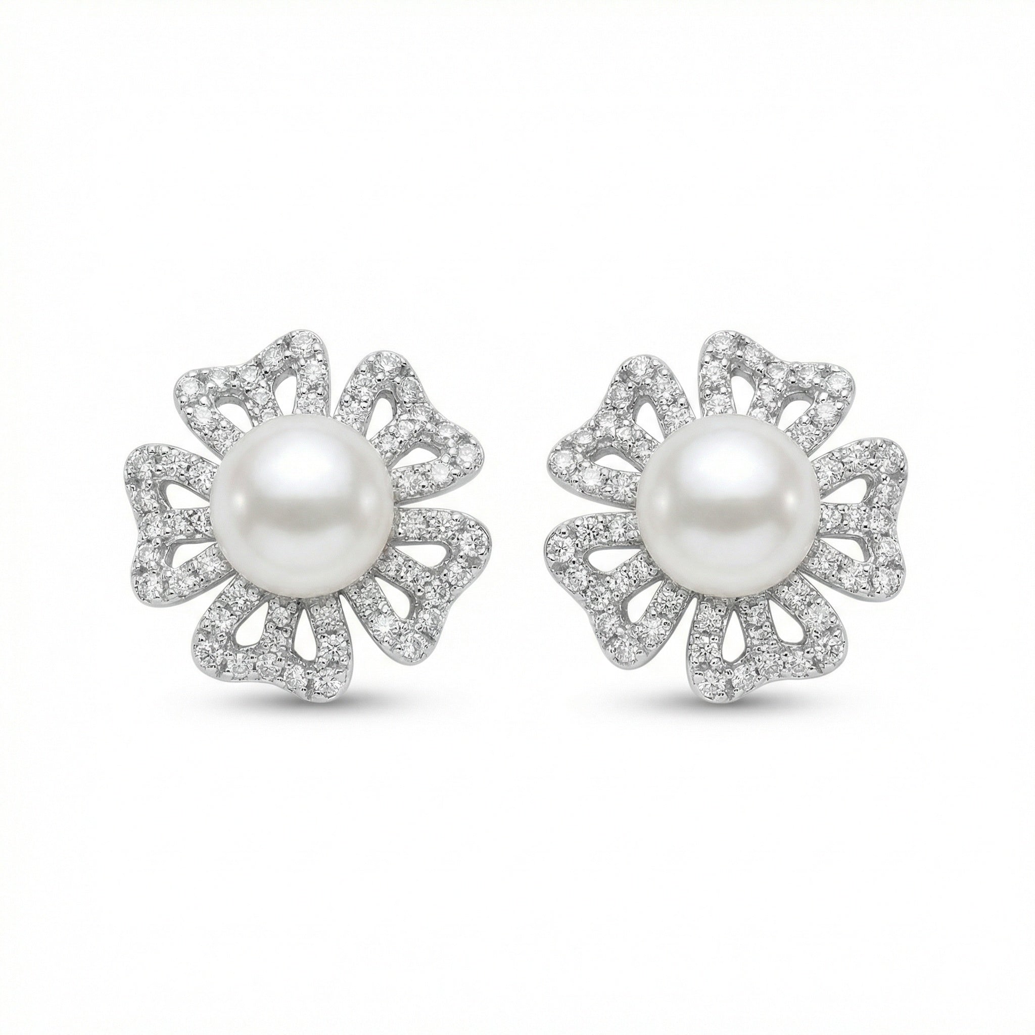 925 Sterling Silver Elegant Pearl and Diamond-Encrusted Floral Openwork Stud Earrings
